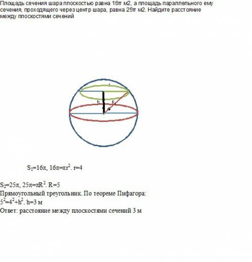 Площадь сечения шара плоскостью равна 16π м2, а площадь параллельного ему сечения, проходящего через
