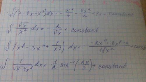 Решить интеграллы 1)s(7-9x-x^3)dx 2)sdx/x^2 корень из x 3)sx^8-3x^5+1/x^3 dx 4)s(3e^x+5easx)dx 5)sdx