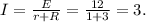 I= \frac{E}{r+R} = \frac{12}{1+3} =3 А.