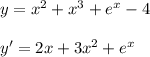 y=x^2+x^3+e^{x}-4\\\\y'=2x+3x^2+e^{x}