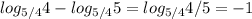 log_{5/4}4 - log_{5/4}5 = log_{5/4}4/5 = -1