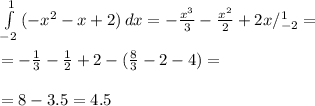 \int\limits^1_{-2} {(-x^2-x+2)} \, dx =- \frac{x^3}{3}- \frac{x^2}{2}+2x/^1_{-2}= \\ \\ =- \frac{1}{3}- \frac{1}{2}+2-( \frac{8}{3}-2-4)= \\ \\ =8-3.5=4.5