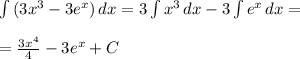 \int\limits {(3x^3-3e^x)} \, dx =3 \int\limits {x^3} \, dx -3 \int\limits {e^x} \, dx = \\ \\ = \frac{3x^4}{4} -3e^x+C