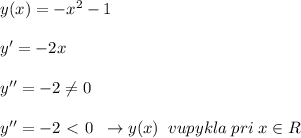 y(x)=-x^2-1\\\\y'=-2x\\\\y''=-2\ne 0\\\\y''=-2\ \textless \ 0\; \; \to y(x)\; \; vupykla\; pri\; x\in R