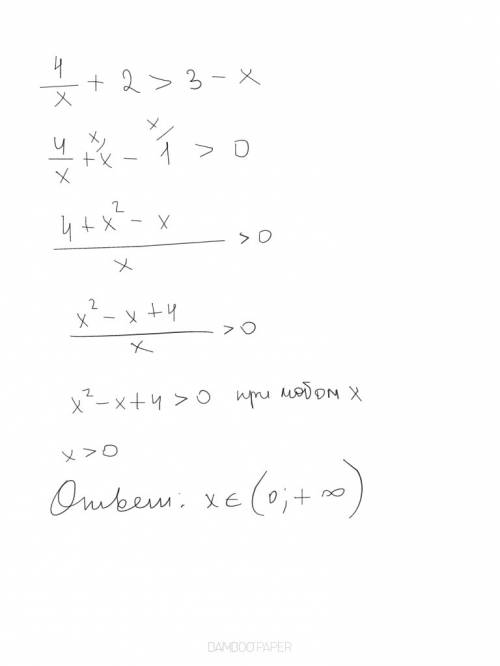 Решить это уравнение : 4/х+2> 3-x. буду за правильный ответ