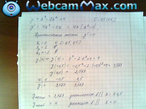 Найдите наибольшие и наименьшие значение функции y= x^4-2x^2+4 на промежутке [-0,5 ; 0,5]