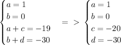 \begin{cases} a=1 \\ b=0\\ a+c=-19\\ b+d=-30 \end{cases} =\ \textgreater \ \begin{cases} a=1 \\ b=0\\ c=-20\\ d=-30 \end{cases}