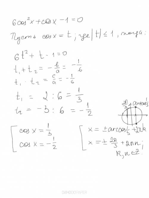 Суравнение,не знаю как решить: 6cos^2+cosx-1=0 заранее огромное !