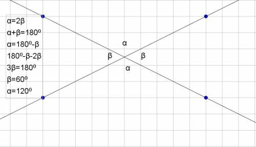 Решите : при пересечении двух прямых один угол равен сумме двух углов , смежных с ним . найдите все