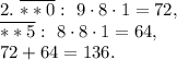 2. \ \overline{**0}: \ 9\cdot8\cdot1=72, \\ \overline{**5}: \ 8\cdot8\cdot1=64, \\ 72+64=136.