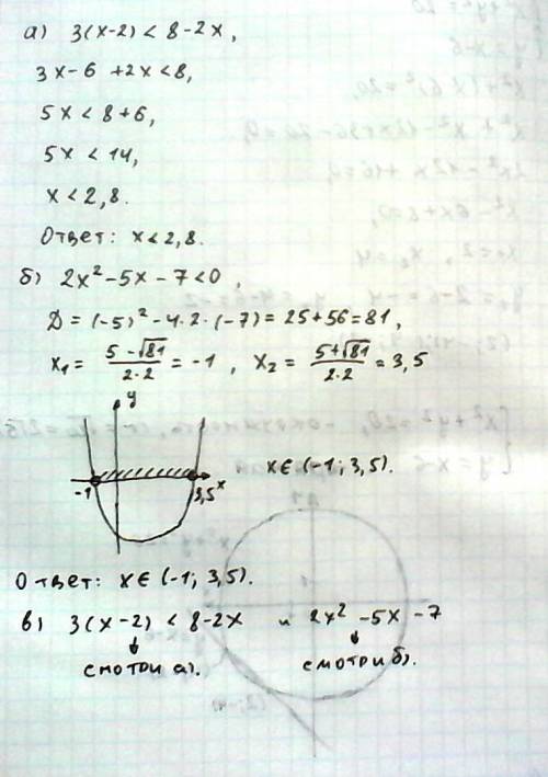 Найдите х а) 3(x-2)< 8-2x b)2x^2-5x-7< 0 c)3(x-2)< 8-2x и 2x^2-5x-7< 0