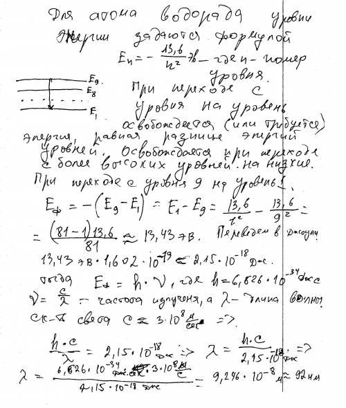 Найдите длину волны фотона, который испускается при переходе атома водорода из состояния n=9 в основ