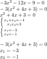 -3 x^{2} -12x-9 =0 \\ -3( x^{2} +4x+3)=0 \\ x^{2} +4x+3=0 \\ \left \{ {{ x_1+x_2=-4} \atop { x_1x_2=3 }} \right. \\ \left \{ {{x_1=-3} \atop {x_2=-1}} \right. \\ \\-3( x^{2} +4x+3)=0 \\ x_1=-3 \\ x_2=-1