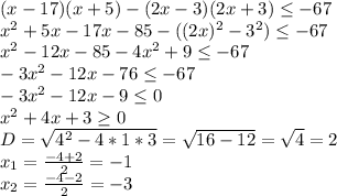 (x-17)(x+5)-(2x-3)(2x+3)\leq-67\\x^2+5x-17x-85-((2x)^2-3^2)\leq-67\\x^2-12x-85-4x^2+9\leq-67\\-3x^2-12x-76\leq-67\\-3x^2-12x-9\leq0\\x^2+4x+3\geq0\\D=\sqrt{4^2-4*1*3}=\sqrt{16-12}=\sqrt{4}=2\\x_1=\frac{-4+2}{2}=-1\\x_2=\frac{-4-2}{2}=-3