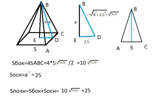 Правильная четырехугольная пирамида со стороной основания 5 см высотой 8см. найдите площадь полной п