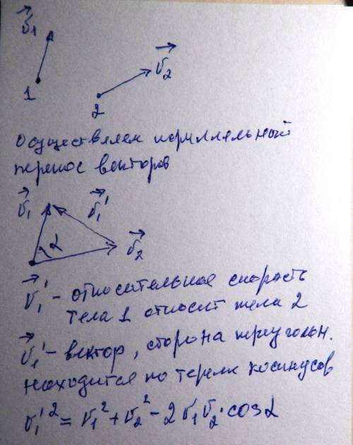 Как находить относитиленую скорость двух тел ,движущихся под определенным углом? например: движутся