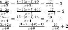 \frac{8-3x}{x+3} = \frac{8-3(x+3)+9}{(x+3)} = \frac{17}{x+3}-3 \\ \frac{3-2x}{x+7} = \frac{3-2(x+7)+14}{x+7} =\frac{17}{x+7}-2 \\ \frac{15-x}{x+4}=\frac{15-(x+4)+4}{x+4}=\frac{19}{x+4}-1 \\ \frac{31+2x}{x+6} = \frac{31+2(x+6)-12}{x+6} = \frac{19}{x+6} +2