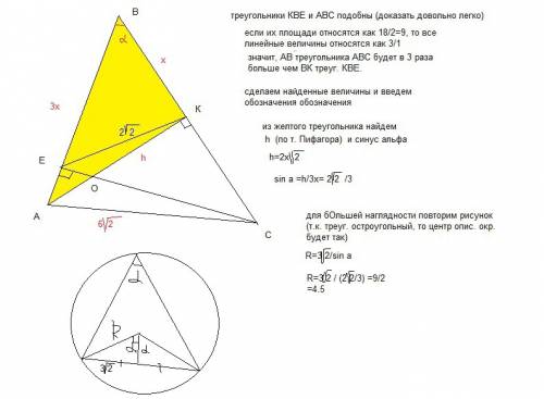 Востроугольном треугольнике abc проведены высоты ak и ce, которые пересекаются в точке o.площадь тре