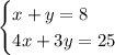 \begin {cases} x+y=8 \\ 4x+ 3y=25 \end {cases}