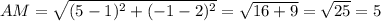 AM=\sqrt{(5-1)^2+(-1-2)^2}=\sqrt{16+9}=\sqrt{25}=5