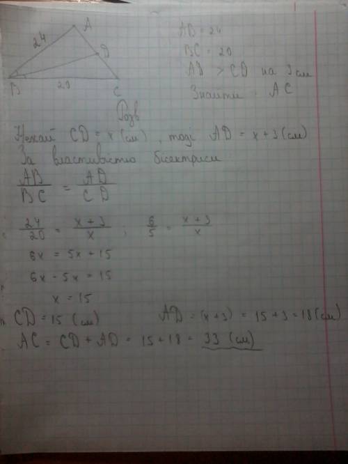 Відрізок bd-бісектриса трикутника abc, ab=24 см bc=20 см відрізок ad на 3 см більший за відрізок cd.