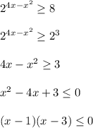 2^{4x-x^2} \geq 8 \\ \\ 2^{4x-x^2} \geq 2^3 \\ \\ 4x- x^{2} \geq 3 \\ \\ x^{2} -4x+3 \leq 0 \\ \\ (x-1)(x-3) \leq 0