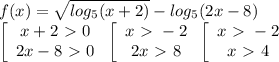 f(x)=\sqrt{log_5(x+2)}-log_5(2x-8)\\\left[\begin{array}{ccc}x+2\ \textgreater \ 0\\2x-8\ \textgreater \ 0\end{array}\right\left[\begin{array}{ccc}x\ \textgreater \ -2\\2x\ \textgreater \ 8\end{array}\right\left[\begin{array}{ccc}x\ \textgreater \ -2\\x\ \textgreater \ 4\end{array}\right