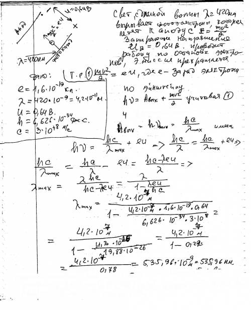 Для определения работы выхода электрона катод фотоэлемента осветили светом известной длины волны=420
