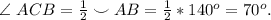 \angle\ ACB= \frac{1}{2} \smile {AB} = \frac{1}{2} *140^o=70^o.