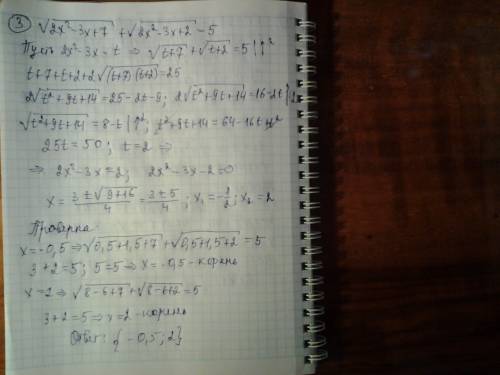 Розв'язати рівняння: 1) √(x^3+11x-13)=√(6x^2-7); 2) 5x^2+35x+2√(x^2+7x+1)=46; 3) √(2x^2-3x+7)+√(2x^2