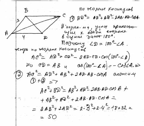 Впараллелограмме abcd известно, что ab=3, ad=4. найдите ac^2+bd^2.