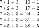 7*1+3=10-1\\7*2+3=17-2\\7*3+3=24-3\\7*4+3=31-4\\7*5+3=38-5