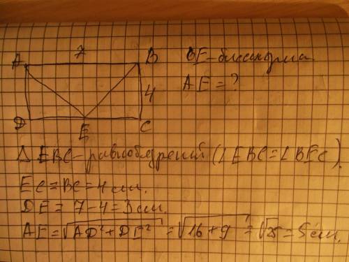 Впрямоугольнике abcd, у которого ab=7 и bc=4, be-биссектриса угла abc. найдите ae