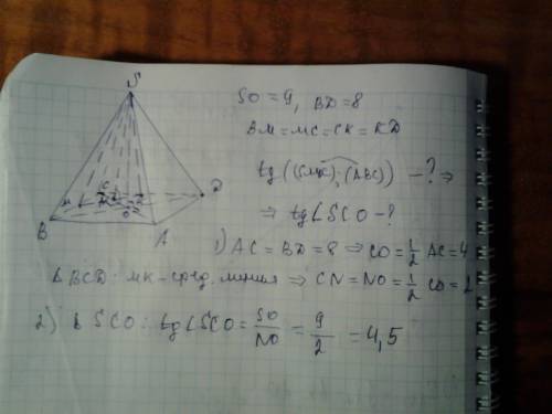 Вправильной четырёхугольной пирамиде sabcd высота so равна 9, диагональ основания bd равна 8. точки