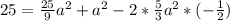 25= \frac{25}{9}a^2+a^2-2* \frac{5}{3}a^2 *(- \frac{1}{2})