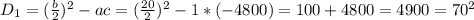 D_1=( \frac{b}{2})^2-ac=( \frac{20}{2})^2-1*(-4800)=100+4800=4900=70^2