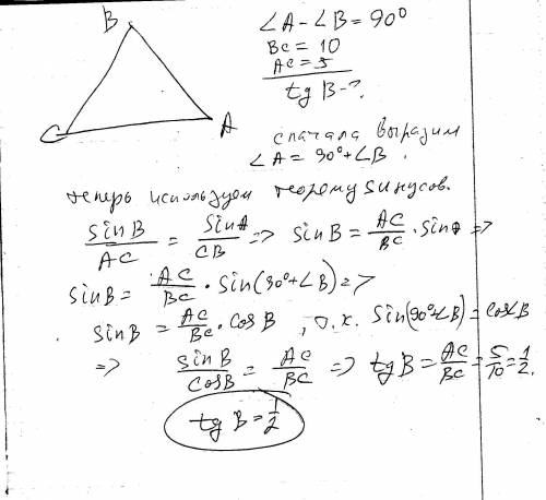 Втреугольнике разность углов а и в равна 90⁰. противоположные им стороны равны 10 и 5. найти tgβ