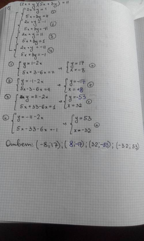 Решите уравнение в целых числах (2x+y)(5x+3y)=11 !