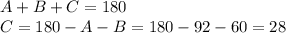 A+B+C=180 \\ C=180-A-B=180-92-60=28