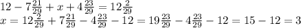 12-7\frac{21}{29}+x+4\frac{23}{29}=12\frac{2}{29}\\x=12\frac{2}{29}+7\frac{21}{29}-4\frac{23}{29}-12=19\frac{23}{29}-4\frac{23}{29}-12=15-12=3