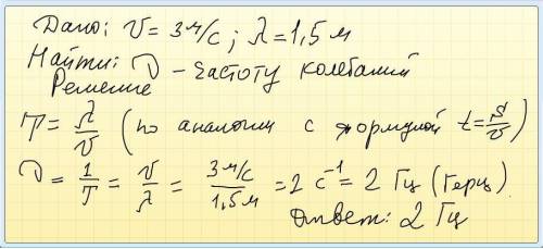 На поверхности воды распространяется волна со скоростью 3 м/с.чему равна колебаний поплавка,если дли