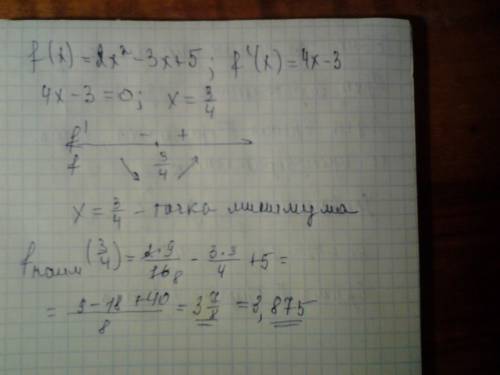 Найдите наименьшее значение функций f(x)=2x^2-3x+5