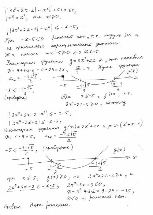 Решите неравенство: ∣∣3х²+2х−2∣-∣х²∣∣+5+х≤0