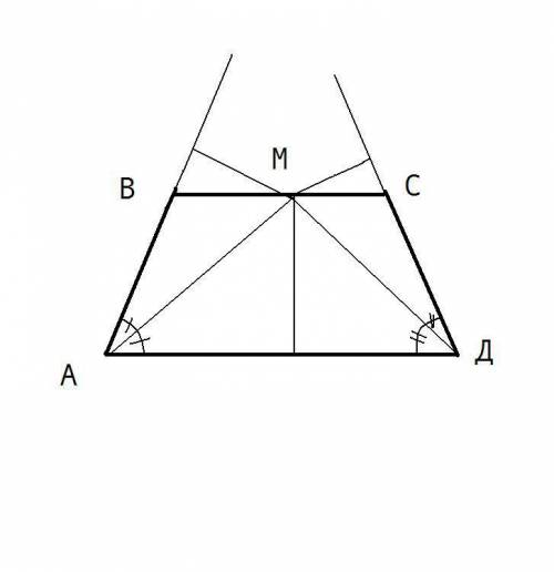 Биссектрисы углов a и d трапеции abcd пересекаются в точке m, лежащей на стороне bc. докажите, что т