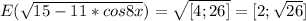 E( \sqrt{15-11*cos8x} )= \sqrt{[4;26]} =[2; \sqrt{26} ]