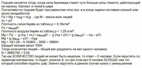 Скільки чоловіків вагою по 700н може підняти наповнена гелієм повітряна кулька об'ємом 800 м3, якщо