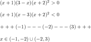 (x+1)(3-x)(x+2)^2\ \textgreater \ 0\\\\(x+1)(x-3)(x+2)^2\ \textless \ 0\\\\+++(-1)---(-2)---(3)+++\\\\x\in (-1,-2)\cup (-2,3)