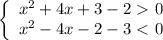 \left\{\begin{array}{l} x^2+4x +3-2\ \textgreater \ 0 \\ x^2 -4x-2-3 \ \textless \ 0 \end{array}