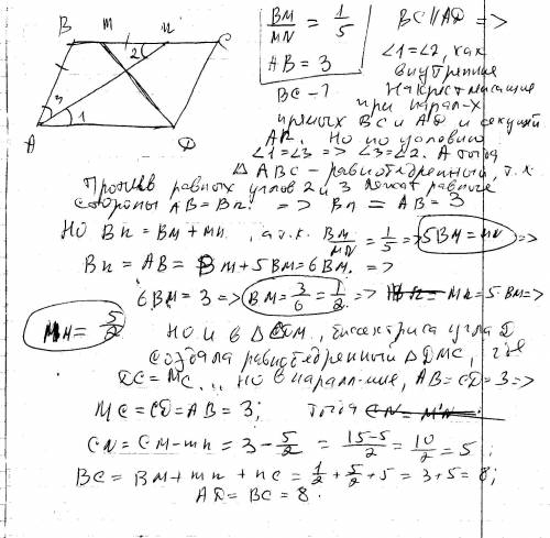 Впаралелограмме abcd иссектрисы углов при стороне ad делят сторону bc очками m и n так что bm: mn =