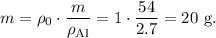 m=\rho_0\cdot\dfrac{m}{\rho_{\mathrm{Al}}}=1\cdot \dfrac{54}{2.7}=20\mathrm{\ g}.